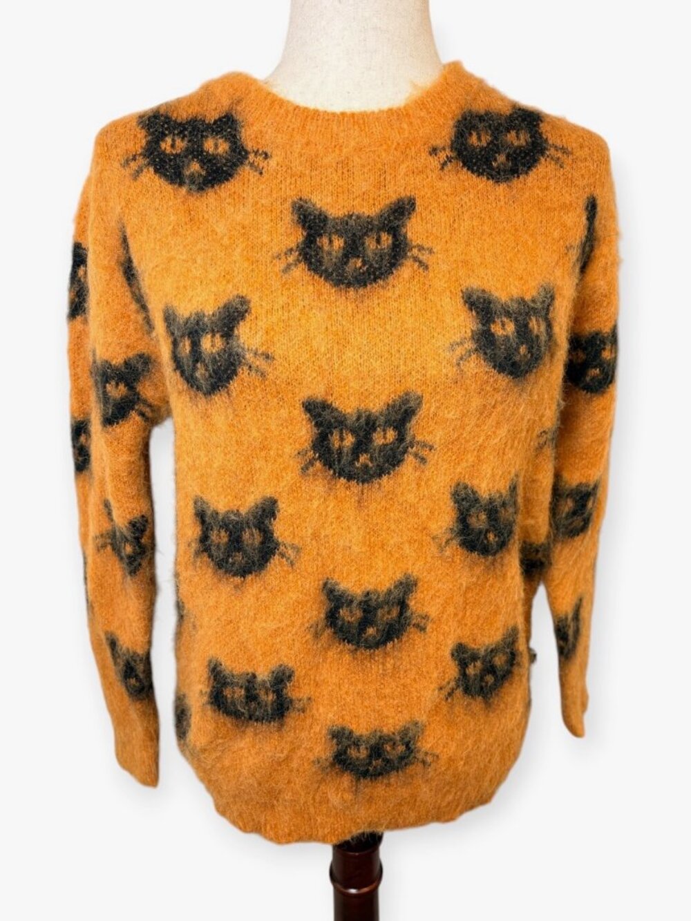 OXKNIT Orange Black Cat Fuzzy Knit Crewneck Sweater Size Small NWT